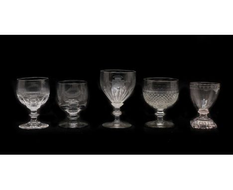 A collection of glass rummers, early 19th century, to include a set of four, each with a conical bowl with an ‘OXO’ border, r