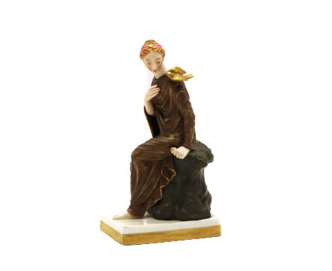 A Royal Worcester figure, a Classical lady seated on a rock with a gilt bird on her shoulder, printed and impressed marks, 21