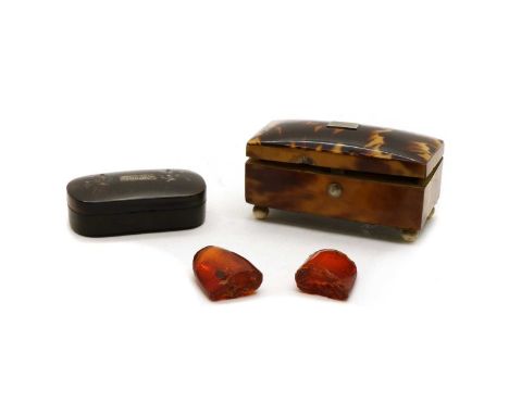 A tortoiseshell and pique work snuff box, 19th century, of rounded rectangular form, the inset panel engraved with a cipher, 