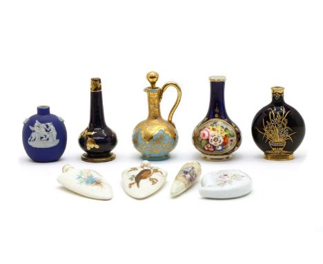 A collection of miniature porcelain items, to include a Derby bottle vase, decorated with flowers, 9cm high, a Coalport vase,