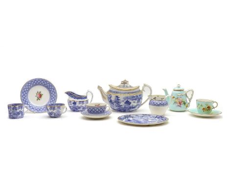 A New Hall blue and white part tea and coffee service, decorated in the Willow pattern, comprising a teapot and stand, a lidd