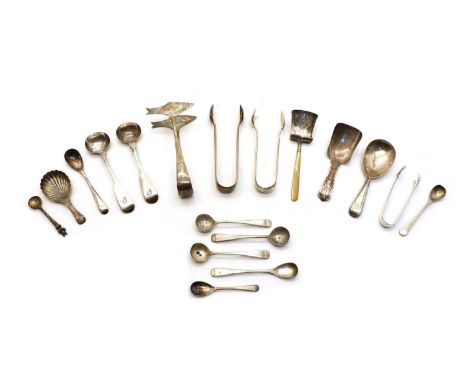 A collection of silver items, to include a pair of sardine servers, by Fenton Brothers, three pairs of sugar tongs, a caddy s