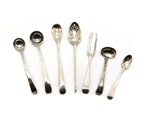 A small collection of Old English pattern antique silver items of flatware, a Victorian small marrow scoop, by Hayne &amp; Ca