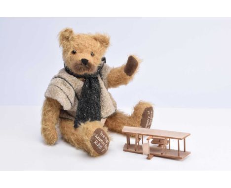 A limited edition Hermann First Flight Adventure teddy bear, 5 of 500 with golden mohair,  scarf, beige waistcoat, carrying r