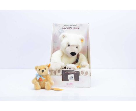 Three Steiff yellow tag teddy bears,  a Father and Son's Expedition polar bears, in original box with story book --11in. (28c