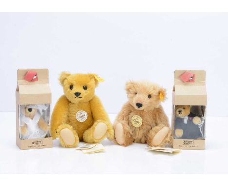 Four Steiff yellow tag teddy bears, a Classic Mr Cinnamon --8 3/4in. (22cm.) high; a bride and groom in original window boxes