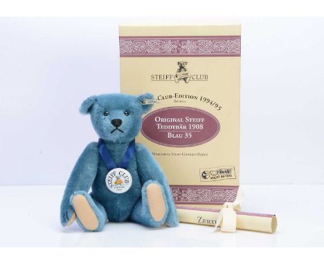 A Steiff Club limited Edition replica 1908 blue teddy bear,  6867for the 1994 / 95, in original box with certificate --13 1/2