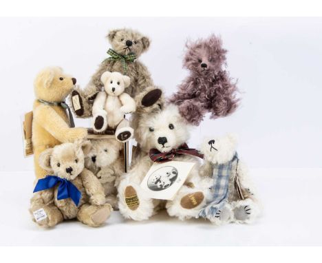 Eight collectors teddy bears,  including two Deans Rag Book Co. teddy bears, Hugo and Hardy, both with card tags, a Merrythou