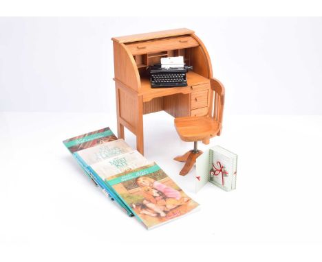 American Girl Kit accessories,  Rolltop Desk --13 1/2in. (34cm.) high and Chair, Typewriter and box with accessories; and fou