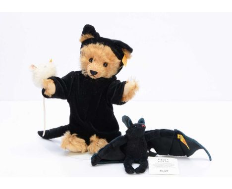 A Steiff yellow tag Halloween Classic teddy bear,  with golden mohair bear, in velveteen cat outfit, carrying a yellow tag mi