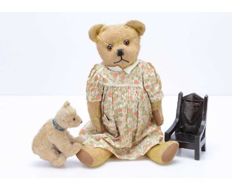 A 1920-30s English teddy bear, with golden mohair, with clear and black glass eyes with brown backs, black stitched nose, mou