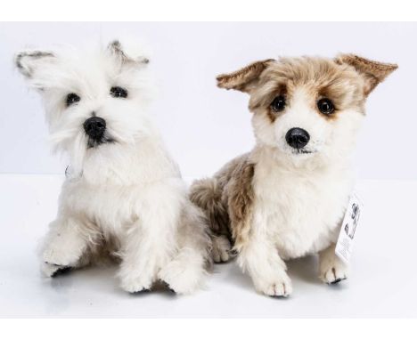 Two Jacqui Wickeden JCW Bears dogs,  Pembroke the Welsh Corgi, with white and light brown mohair, brown and black glass lidde