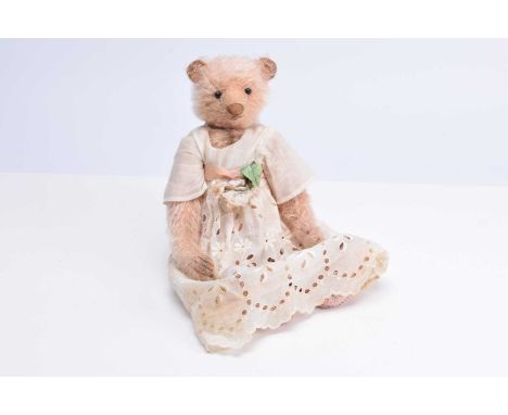 A Memory Lain Bears Hyacinth artist bear,  by Sue Lain, 1 of 1, in a vintage dress and headband, with card tag -- 13in (33cm.