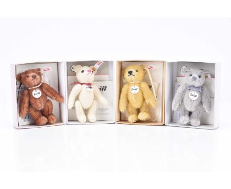 Four Steiff Club miniature teddy bears,  for the years 2015 to 2018 --4in. (10cm.) high; all in original window boxes with ce