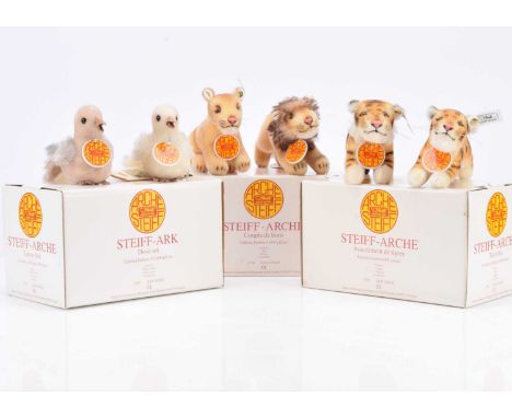 Three pairs of Steiff limited edition  Noah's Ark animals,  doves, 983 of 8000 --4in. (10cm.) high; tigers, 2283 of 8000 and 