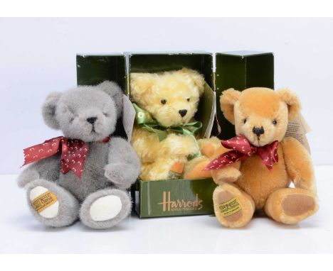 Three Merrythought teddy bears,  a limited edition Harrods bear, 79 of 500, with card tag and in Harrods presentation box --1
