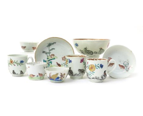 A comparison group of Chinese and English porcelains, 18th century, variously decorated with the Two Quail pattern, including