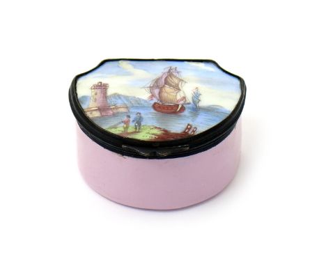 An English enamel snuff box, c.1770, the shaped form painted to the lid with ships sailing into a harbour, two figures standi