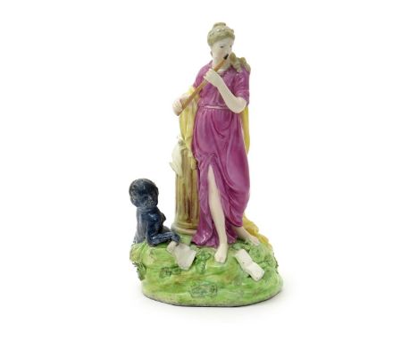 A Derby figure of Music, c.1790-1800, modelled as a Classical maiden playing a flute, with a putto reclining on a rocky base 