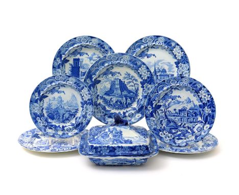 A blue and white transferware tureen and cover and seven dishes, 1st half 19th century, probably Don Pottery including the Na