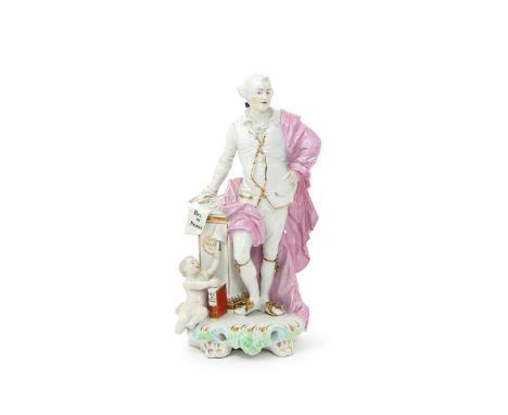 A large Derby figure of John Wilkes, c.1765-70, standing and resting one hand on a square plinth, atop of which rests a scrol