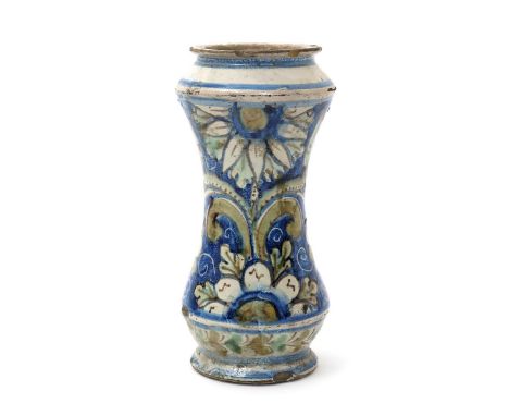 A Caltagirone (Sicily) maiolica albarello, late 17th/early 18th century, the waisted form painted in a muted palette with whi