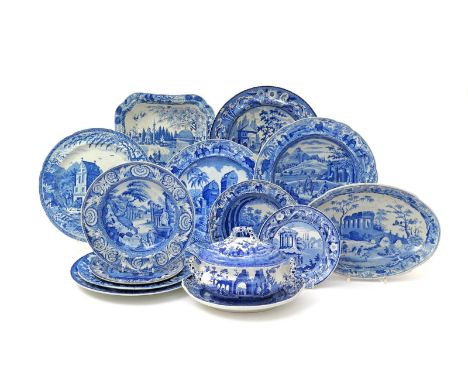 Twelve blue and white transferware dishes, 1st half 19th century, of different sizes, including Spode from the Caramanian ser