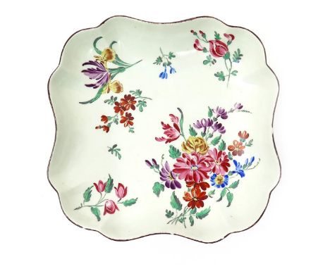 A Worcester square dessert dish, c.1770, painted in the London atelier of James Giles with loose flower sprays in a bright po