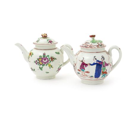 Two Worcester teapots and covers, c.1780, one painted with Chinese figures, including the Boy in the Window, the other with p