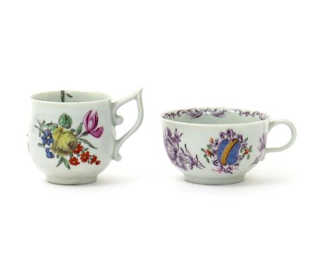 Two Worcester cups, c.1758-60, one painted with an armorial crest and shield relating to Viscount Howe of Langar, Nottinghams