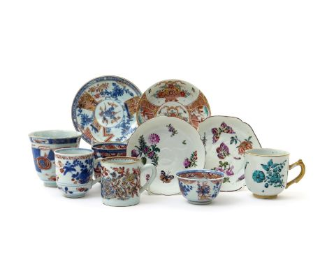 A small collection of European-decorated Chinese porcelain, 18th century, including four cups, a teabowl, a beaker and three 