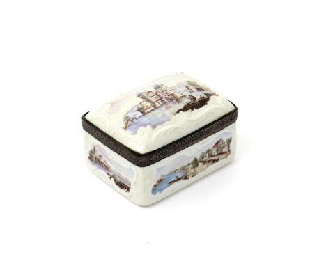 A German porcelain rectangular snuff box, c.1770, perhaps Nymphenburg, moulded with panels containing landscape scenes of a G