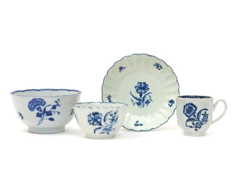 An interesting comparison group of blue and white porcelains, 2nd half 18th century, including a Chantilly bowl, a Worcester 