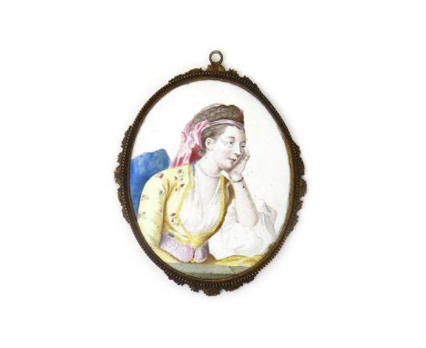 A good Battersea enamel oval portrait plaque, c.1760, of the Countess of Coventry, Maria Gunning, wearing a yellow patterned 