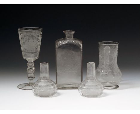 A Continental glass armorial decanter, early 19th century, the flattened rectangular form engraved with a double-headed Pruss