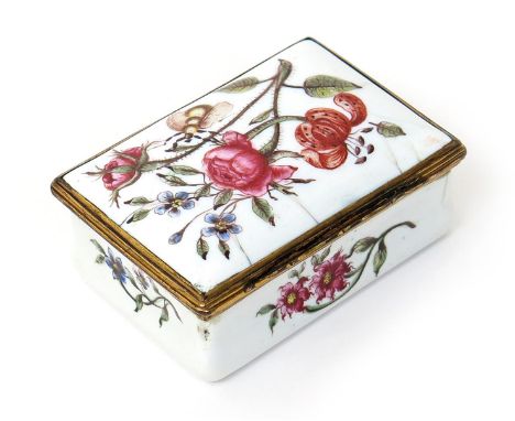 An English enamel rectangular snuff box, late 18th century, probably London, finely painted with a large bee clambering over 