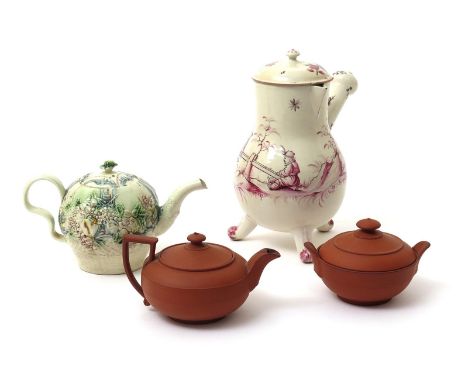 A Wedgwood red stoneware teapot and cover and sucrier and cover, late 18th/early 19th century, a creamware teapot and cover m