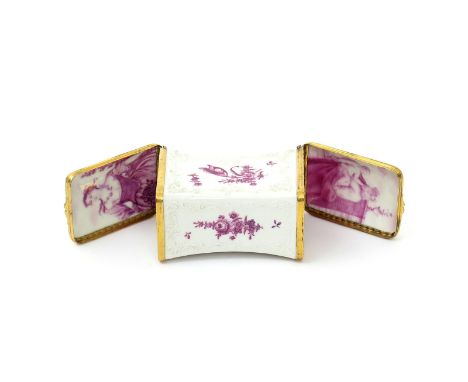 A German porcelain double-ended snuff box, 2nd half 18th century, perhaps Meissen, the exterior moulded with rococo scrolls a
