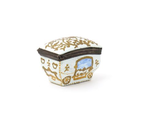 A French enamel snuff box, c.1740, decorated in raised gilt as a carriage, the hinged cover with an elaborate foliate design,