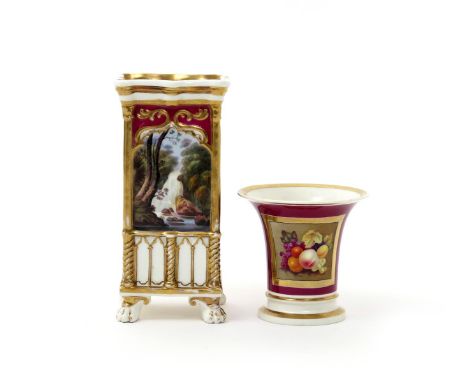 Two English porcelain spill vases, 1st half 19th century, one Rockingham, of squat flared form and painted with a panel of fr