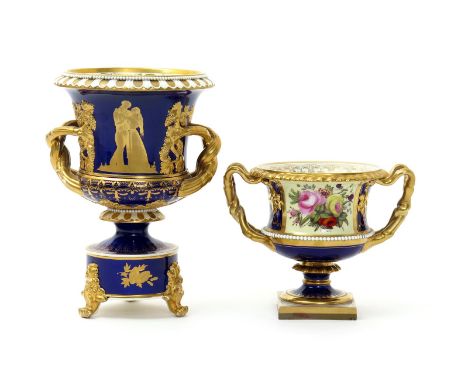 A Flight Barr and Barr Worcester vase, c.1825, of squat campana shape with large twisted twig handles, the body painted with 