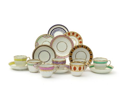 Six Derby cups and saucers, c.1800, and a teabowl and saucer, variously decorated with bands of colour, geometric and formal 