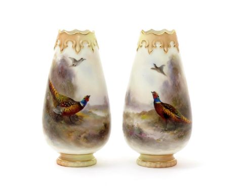 A pair of Grainger & Co (Worcester) small vases, c.1901, of tapered form, painted by James Stinton each with a hen pheasant i