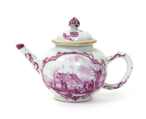 A miniature Chinese porcelain teapot and cover, 18th century, painted in puce monochrome in the Meissen manner with quatrefoi