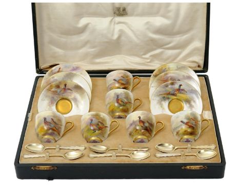A Royal Worcester cased coffee set, date codes for 1925, painted by James Stinton each with a pair of pheasants, signed, prin