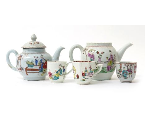 Two English porcelain teapots and two coffee cups, c.1760-70, including a Derby teapot and cover and an octagonal Derby coffe