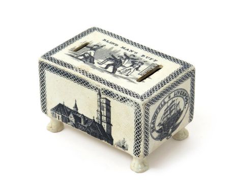 A pearlware rectangular moneybox, 2nd half 19th century, the top printed in black with boys playing Blind Man's Buff, the lon