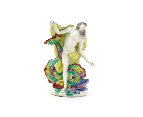 A Bow figure of Neptune, c.1752-55, astride a colourful dolphin, his robe billowing about his naked form, raised on a low pad