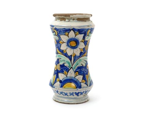 A Caltagirone (Sicily) albarello, late 17th/early 18th century, the waisted form decorated with a single flower stem issuing 