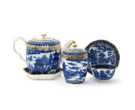 A Caughley blue and white combined part tea service, c.1790, printed with various patterns of pagoda landscapes, with later g